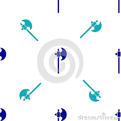 Blue Medieval axe icon isolated seamless pattern on white background. Battle axe, executioner axe. Medieval weapon Vector Illustration