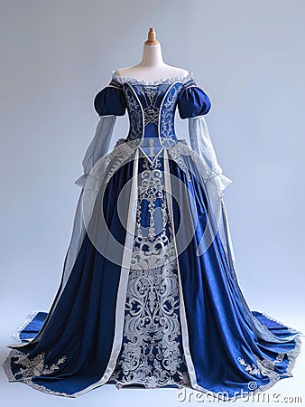 Blue medieval female dress decorated with white lace on a mannequin. Stock Photo