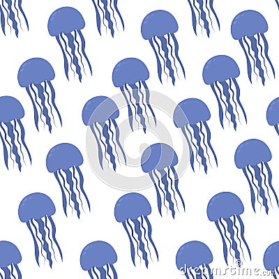 Blue medusa. Seamless pattern. Endless ornament of marine invertebrates with tentacles. Flat style Vector Illustration