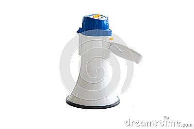 Blue megaphone for shouting, communication with the people, crowd on white background Stock Photo