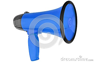 Blue megaphone on white background isolated closeup , hand loudspeaker design, loudhailer or speaking trumpet illustration Cartoon Illustration