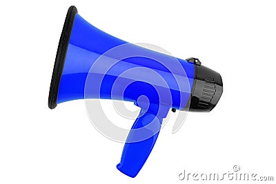 Blue megaphone on white background isolated closeup, hand loudspeaker design, loudhailer or speaking trumpet illustration Cartoon Illustration