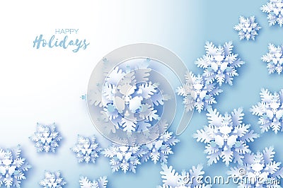 Blue Merry Christmas Greetings card. White Paper cut snow flake. Happy New Year Decoration. Winter snowflakes background Vector Illustration