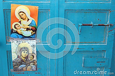 Blue doors images icons Virgin Mary Jesus, Bethlehem Editorial Stock Photo