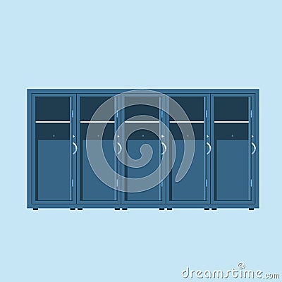 Blue metal Lockers. Lockers in school or gym with silver handles and locks. Empty safe box with doors open, cupboard Stock Photo