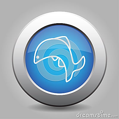 Blue metallic button, white fish jumping icon Vector Illustration