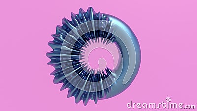 Blue metallic ring deforming. Pink background. Abstract illustration, 3d rendering. Cartoon Illustration