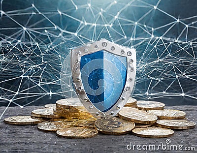 Blue metallic shield on a pile of Bitcoin coins with digital network connections Stock Photo