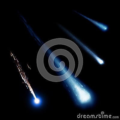 Blue meteor and comets collection isolated on black background. Stock Photo