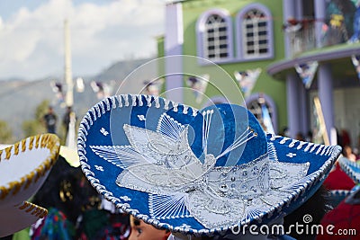 66/5000 mexican charro or mariachi blue hat at a mexican party Stock Photo