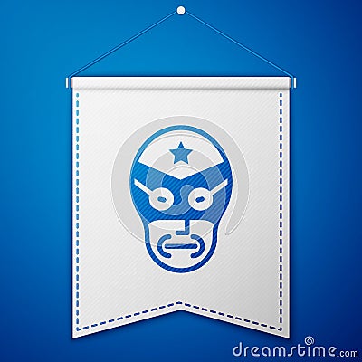 Blue Mexican wrestler icon isolated on blue background. White pennant template. Vector Vector Illustration