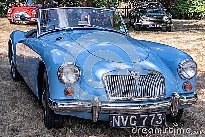 Blue MG A at a classic car show Editorial Stock Photo