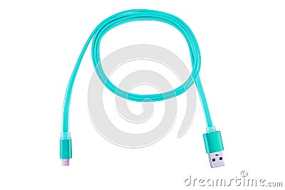 Blue micro-usb cable twisted into a ring, on a white isolated background. Horizontal frame Stock Photo