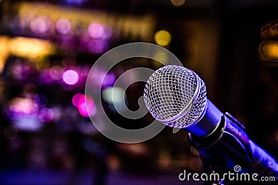 Blue Microphone for Show in Restaurant or Night Club Stock Photo