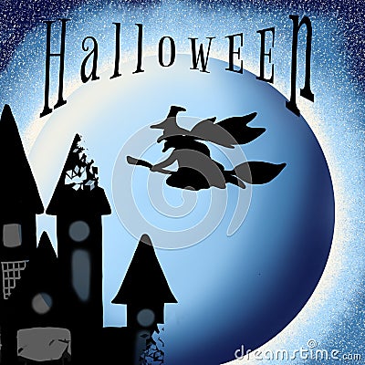 Blue midnight Halloween there are castle and witch Stock Photo