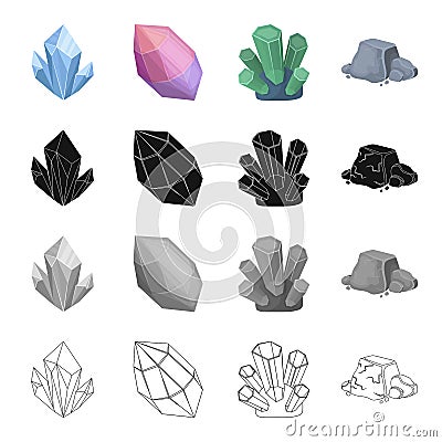 Blue mineral aquamarine, pink amethyst, precious jade, iron ore. Precious mineral set collection icons in cartoon black Vector Illustration