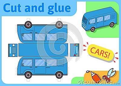 Blue minibus paper model. Small home craft project, paper game. Cut out, fold and glue. Cutouts for children. Vector Vector Illustration