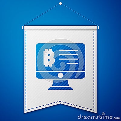 Blue Mining bitcoin from monitor icon isolated on blue background. Cryptocurrency mining, blockchain technology service Vector Illustration