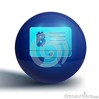 Blue Mining bitcoin from monitor icon isolated on white background. Cryptocurrency mining, blockchain technology service Vector Illustration