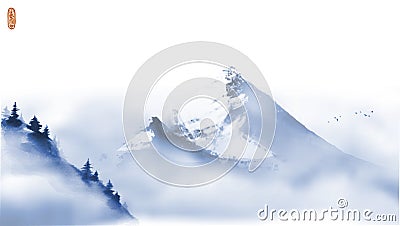 Blue misty mountains hand drawn with ink. Traditional oriental ink painting sumi-e, u-sin, go-hua. Vector Illustration