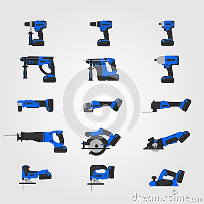 Blue modern cordless power tools set Vector Illustration
