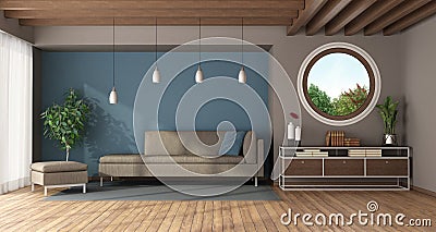 Blue and modern modern living room with round window Stock Photo