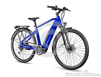 Blue modern mens mid drive motor city touring or trekking e bike pedelec with electric engine middle mount. battery powered ebike Stock Photo