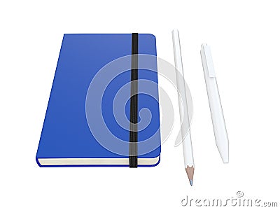 Blue moleskine with pen and pencil and a black strap front or top view isolated on a white background 3d rendering Stock Photo