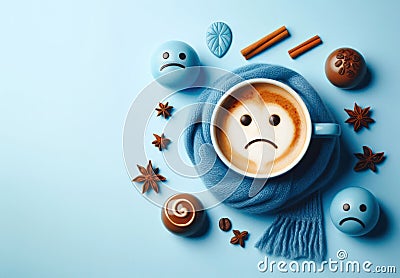 Blue Monday concept. Blue coffee cup with cappuccino coffee and blue scarf Stock Photo