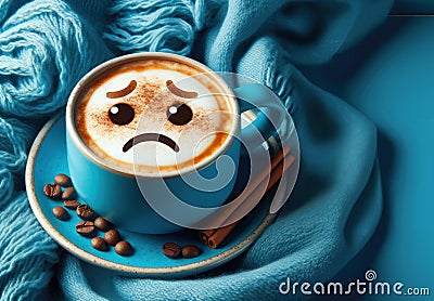 Blue Monday concept. Blue coffee cup with cappuccino coffee and blue scarf Stock Photo