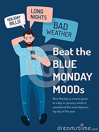 Blue Monday. The most depressing, saddest day of the year. Vector Illustration