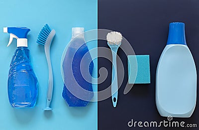 Blue monochrome flay lay of cleaning tool set. Brushes. gel bottles, spray, sponge. Stock Photo