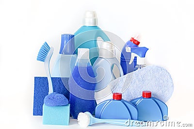 Blue monochrome flay lay of cleaning tool set. Stock Photo