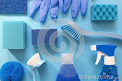 Blue monochrome flay lay of cleaning tool set. Stock Photo