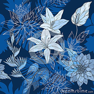 Blue monochrome hand draw seamless pattern with tropical flowers, blossom cluster seamless background Vector Illustration