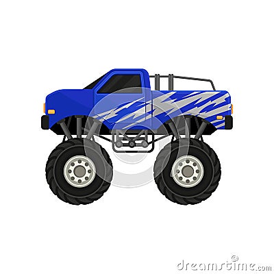 Blue monster pickup truck. Car with large tires, black tinted windows and silver wrap decal. Flat vector icon Vector Illustration