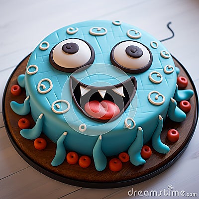Blue Monster Scones Face Cake: Playful Octopus Theme In Light Maroon And Cyan Stock Photo