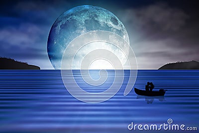 Blue moon rising out of the sea lovers background Vector Illustration