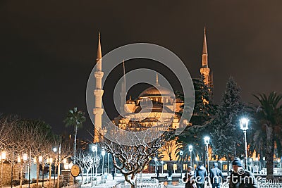 Blue Mosque aka Sultanahmet Camii in winter at night. Editorial Stock Photo