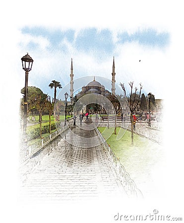 Blue mosque, also called Sultan Ahmed mosque in the center of Istanbul. Watercolor sketch. Stock Photo