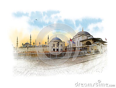 Blue mosque, also called Sultan Ahmed mosque in the center of Istanbul. Watercolor sketch. Stock Photo