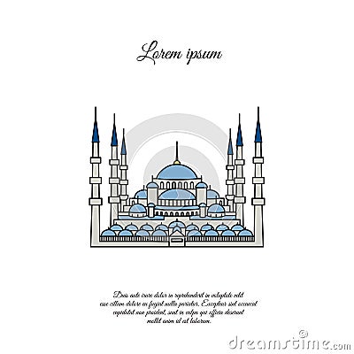 Blue Mosque vector. Blue Mosque in the Stambul. The Sultanahmet. Blue Mosque color icon, sign Vector Illustration