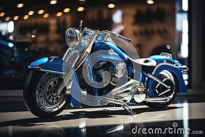 Blue motorbike in showroom, created using generative ai technology Stock Photo
