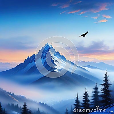 A blue mountain a beautiful landscape hand painting in image design Cartoon Illustration