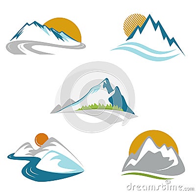 Blue mountains emblem set Vector Illustration