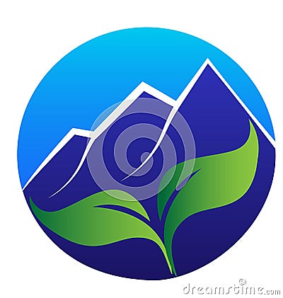 Blue mountains and leafs logo Vector Illustration