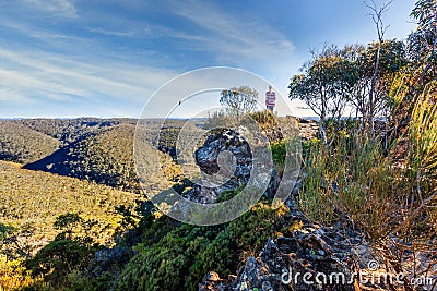 Hiker taking in some of the magnificent Blue Mountains views Stock Photo