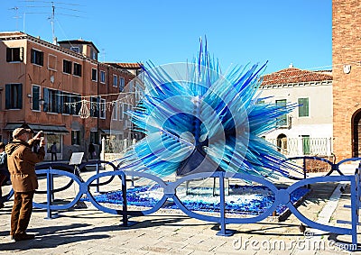Blue murano glass sculpture in a square in Murano, Venice, Italy Editorial Stock Photo