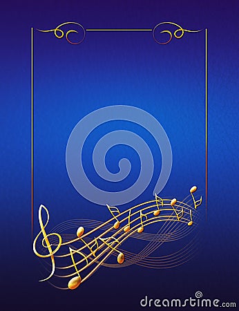 Blue musical background with gold frame notes and treble clef Cartoon Illustration