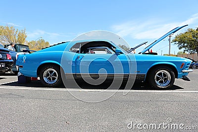 A blue Mustang Boss 302, at a car show Editorial Stock Photo